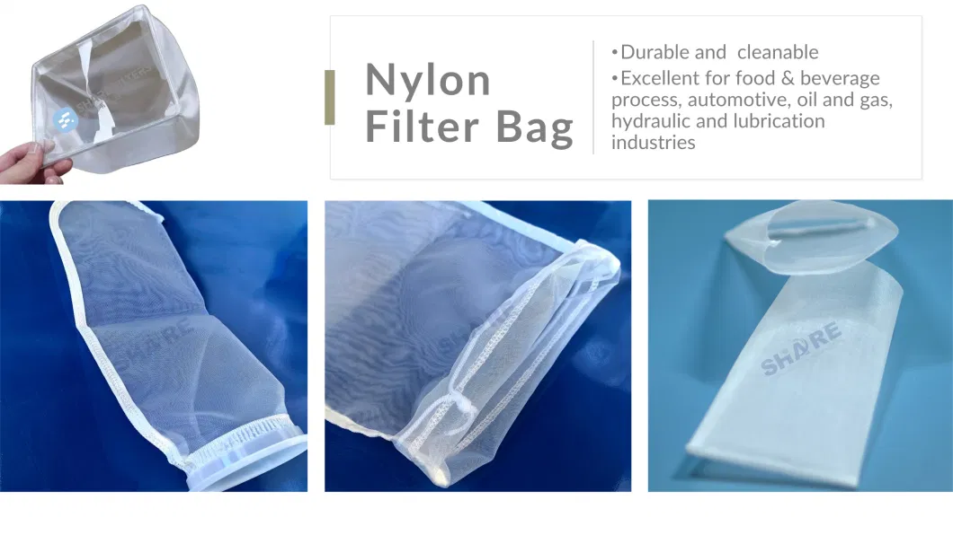 Sacos de filtro de malha de monofilamentos de nylon com corda de tração, flange de plástico, anel de aço inoxidável ou anel de aço galvanizado de zinco 6